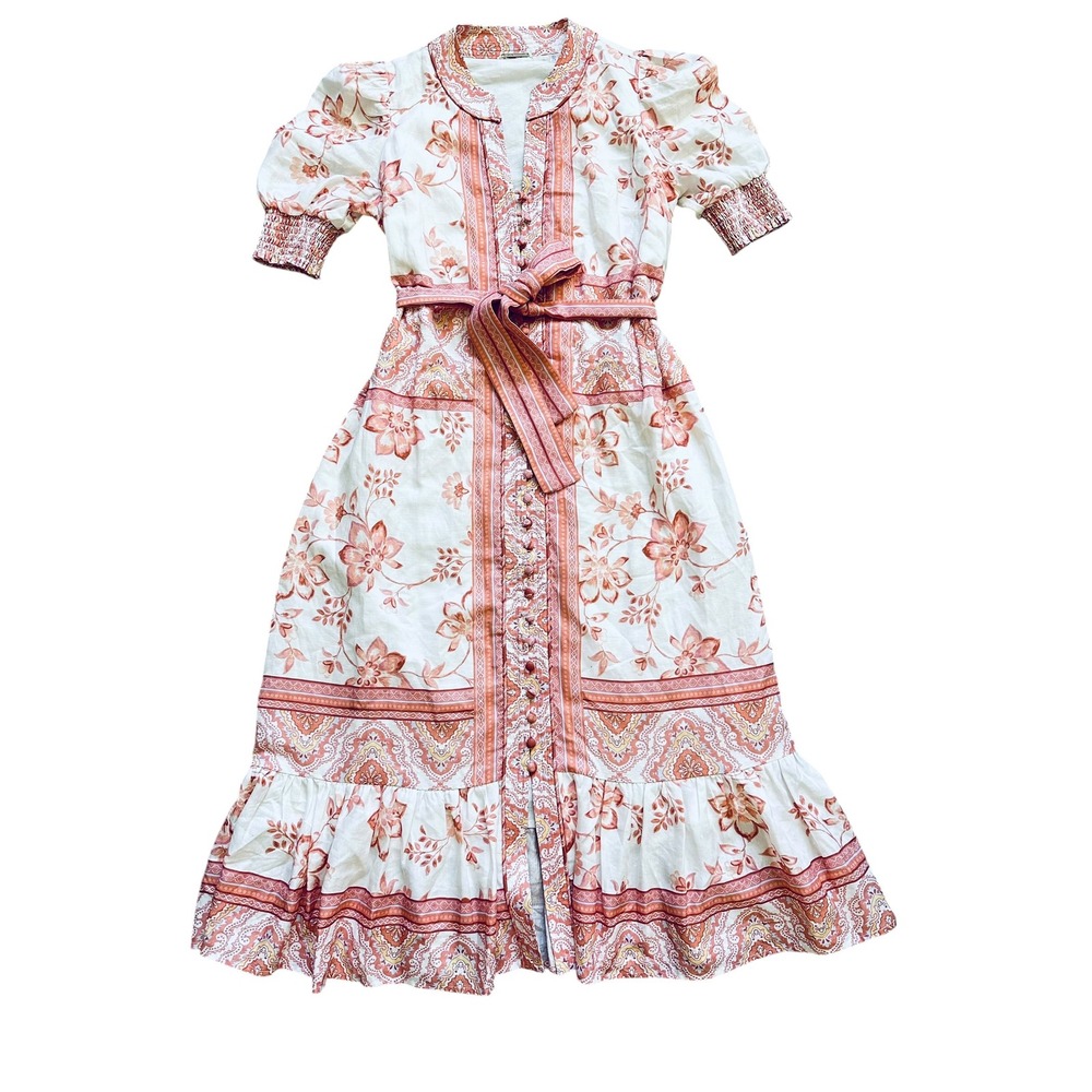 Cottagecore Elie Tahari Floral Paisley Linen Midi Dress Size 2 Pink Orange